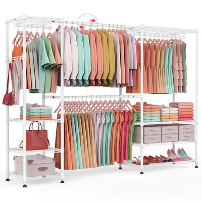 Produktbild von Schwerlast Kleiderständer Ausziehbar 240*40*198cm, Freistehendes Schranksystem mit 4 Stangen & 8 Ablagen, Metall Garderobe bis 360kg, weiß