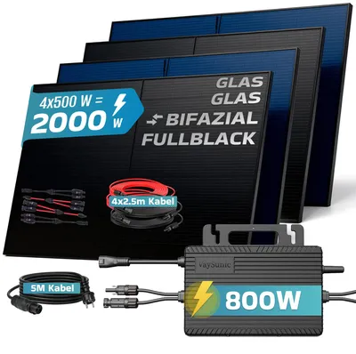 Produktbild von SUNNIVA 2000W Balkonkraftwerk BIFAZIAL FULLBLACK komplett Steckdose VAYSUNIC VM800WE-BE-P2 800W Wechselrichter, Solaranlage 4x500W Glas Solarmodule