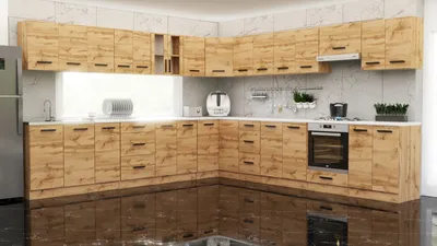 Zdjęcie produktu dla Blanco ® Meble kuchenne narożne Kuchnia narożna COSTA 6,8 m DĄB WOTAN ZESTAW REGAŁ ANEKS SZAFKA BLAT