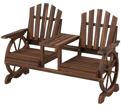 Produktbild von 2-Sitzer Gartenbank Holz, wetterfest Sitzbank, mit Schirmloch, Beine im Wagenradform 154 x 65 x 102 cm Verkohlt