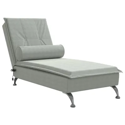 A modern, light gray chaise lounge with a bolster pillow.