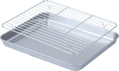 Produktbild von 1 Set multifunktionales Edelstahl-Backblech-Grillrost-Set, antihaftbeschichtetes, rostfreies BBQ-Serviergeschirr mit Kühlgitter, Abtropfschalen-Set für die Outdoor-Campingküche