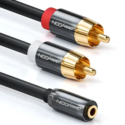 Produktbild von deleyCON 0,2m Audio Adapter - 3,5mm Klinken Buchse zu 2x RCA Cinch Stecker aus Metall - Laptop Tablet Smartphone TV DVD Sound Box - Schwarz