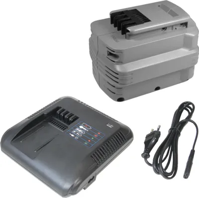 A battery charger and battery pack for a power tool, along with a power cord, are displayed against a white background.