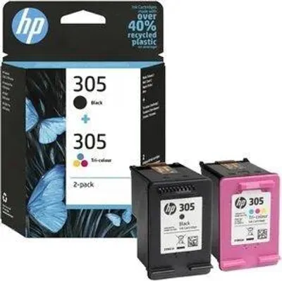 Zdjęcie produktu dla HP Zestaw 2 oryginalnych trójkolorowy/czarnych wkładów atramentowych 305, Standardowa wydajność, Czarny, Cyjan, Purpurowy, Żółty, Atrament barwnikowy, Tusz na bazie pigmentu, 2 szt., 120 stron(y)