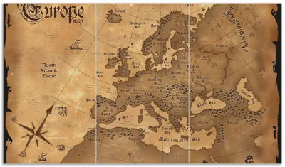 Produktbild von Wallario Herdabdeckplatte aus Glas, Größe 90 x 52 cm 3-teilig, Motiv Alte Weltkarte   Karte von Europa in englisch