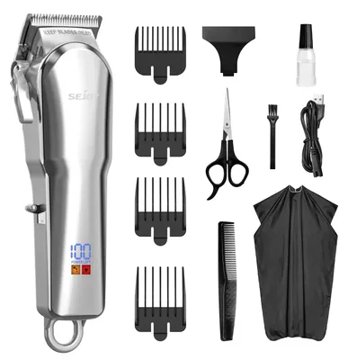 Imagen del producto de Kit profesional de corte y afeitado de cabello: cortapelos, inalámbrico, con 5 peines guía, pantalla LED, carga USB-C, cuchilla de acero inoxidable, color plateado