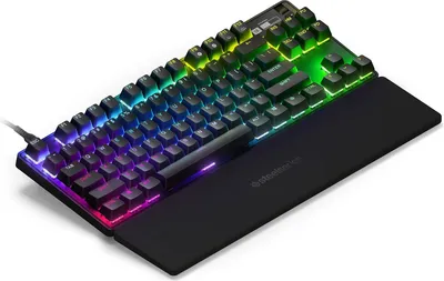 A gaming keyboard with RGB lighting and a wrist rest.