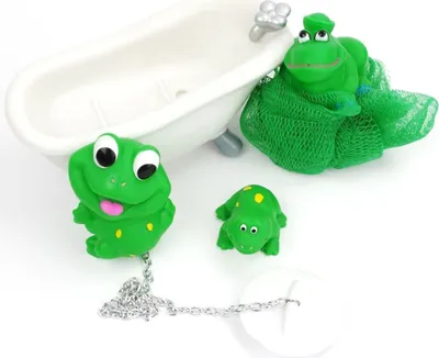 Produktbild von Badefrösche Set mit Badewanne als Seifenablage & Stöpsel Grün Weiß PVC