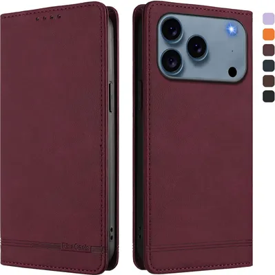 Produktbild von Hülle für iPhone 17 Pro Max, Retro Kunstleder Ständer Klapphülle mit Kartenfächer und Magnetische Rot