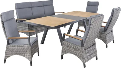 Produktbild von LC Garden »Kumasi« Gartenset II 6tlg. Esstisch 200/260x100cm Aluminium/Teakholz/Keramik + 4 Positionsstühle + 3-Sitzer Sofa mit Teak-Armlehne