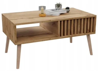 Produktbild von Skandinavischer Couchtisch Lamellen EICHE WOTAN Tisch Loft Mit Ablage
