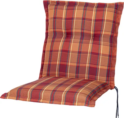 A chair cushion with a plaid pattern.