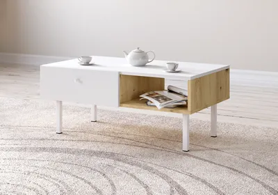 Image de Table basse élégante en chêne blanc avec tiroir et étagère, 90 x 51,6 x 38 cm