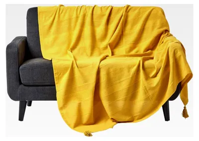 Produktbild von Wohndecke Rajput gelb – leichte Baumwolldecke 150x200 cm, handgewebter Sofaüberwurf aus 100% Baumwolle mit Streifenstruktur und Quasten,