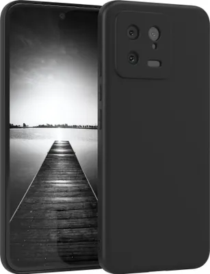 A black smartphone case is shown from a diagonal angle, with the phone screen displaying a black and white image of a pier leading into a body of water.