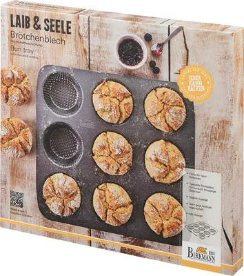 Produktbild von BIRKMANN Brötchenblech, L 32 x B 30 cm, Brötchen-Backform für 9 Brötchen, Ø 9 cm, perforierter Karbo