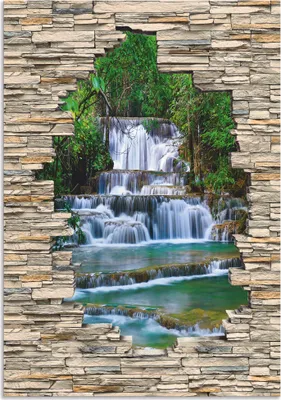 Produktbild von ARTland Wandbild Alu für Innen & Outdoor Tiefen Wald Wasserfall Stein Mauer Blick Größe: 90x130 cm