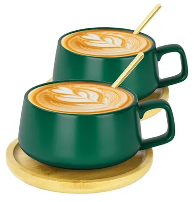 Productafbeelding van Omgoods - Set van 2 Porseleinen Cappuccino Kopjes met Schotels en Lepels