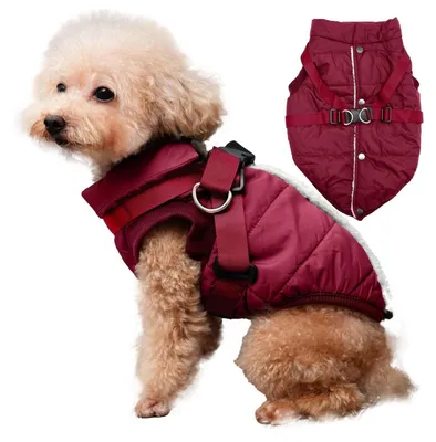 Produktbild von Hundejacke mit Geschirr, Fleece gefüttert, warm, winddicht, für kleine Hunde, Rot, Größe M