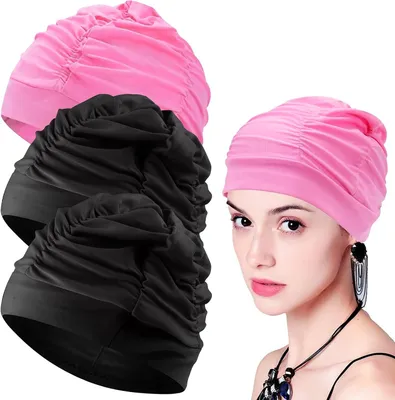 Productafbeelding van Set van 3 badmutsen voor dames, elastisch, van polyester, ademend, opvouwbaar, geschikt voor dreadlocks, krullen en afrohaar