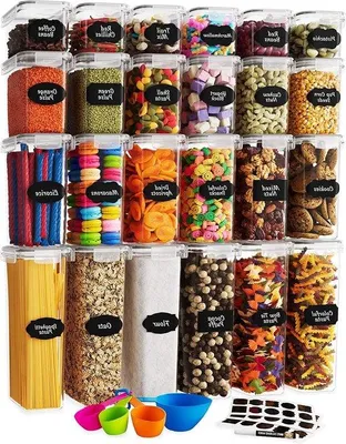 Produktbild von Luftdichte Vorratspottenset - 24 Stück - Vorratsdosen & Behälter - BPA-freies Kunststofflagerraum - Muesli Blumen Zucker - Etikettierstifte Löffel