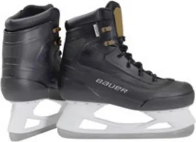 A pair of black Bauer ice skates with white blades, shown from a side angle against a white background.