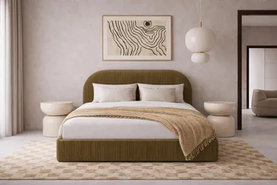 Produktbild von Sofello Polsterbett olive MOON Melange-Farbe 140x200 Metall-Lattenrost Hochwertig Bett mit Bettkasten und Stauraum