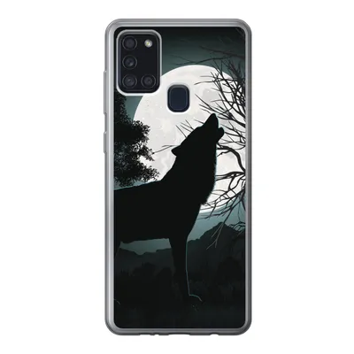 Produktbild von MuchoWow® Handyhülle Schutzhülle Hülle für Samsung Galaxy A21s Wolf - Scherenschnitt - Mond Silikon Softcase Handy Hülle - Hartschale