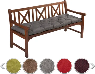 A wooden bench with a gray cushion on it, displayed on a white background. Below the bench are swatches of different cushion colors.