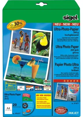 Produktbild von SIGEL IP677 Inkjet Fotopapier Ultra, hochglänzend, 260 g/m², A4, 20 Blatt