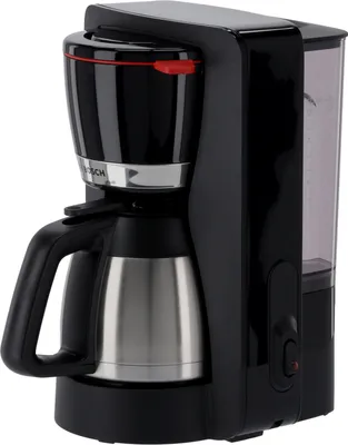 A black and silver Bosch coffee maker with a thermal carafe.