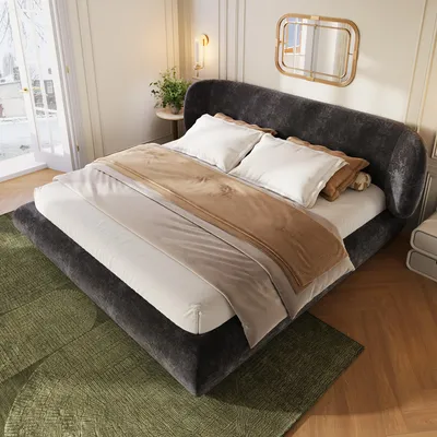 Immagine prodotto di Letto matrimoniale MODFU 140x200, imbottito con rivestimento in velluto, struttura per letto a una piazza con testiera imbottita e rete a doghe, senza materasso, colore grigio