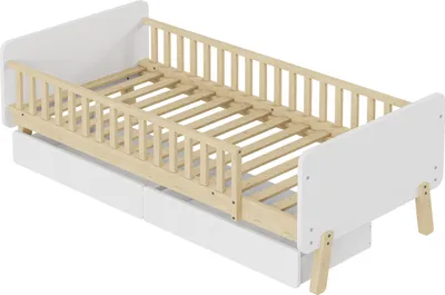Produktbild von Kinderbett 90x190cm Einzelbett (Ohne Matratze) Massivholzbett Holzbett Mit 2 Schubladen Lattenrost und Sicherheitsgeländer Kiefer Weiß