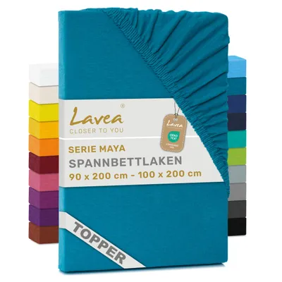 Zdjęcie produktu dla Lavea® Prześcieieradlo do materaca z dodatkową warstwą, 90x200 cm - 100x200 cm, Maya, 100% bawełna dżersejowa – miękka prześcieradło do materaca z dodatkową warstwą, pasujące do materacy o grubości do 10 cm – kolor turkusowy