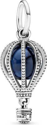 A silver hot air balloon charm with a blue stone.