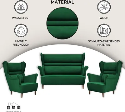 Produktbild von Family Meble Set aus Sofa + 2 Sessel Zoja 2-Sitzer Sofa Couch Zierpolsterung Freistehendes Lounge Sofa Bequem zum Entspannen Wohnzimmer Büro (R 33)