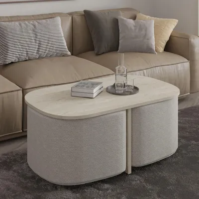 Produktbild von Skye Decor, Hochwertiges Kaffeetisch-Set (3 Teile), Travertin, 90 x 42,9 x 45 cm | 100% melaminbeschichtete Spanplatte, 18 mm dick | Elegantes Design mit 100% Polyester Poufs, ideal für modernes Wohnen.