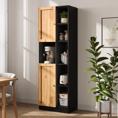 Productafbeelding van Flieks keukenkasten met 6 open planken, 2 deuren, verstelbare legplanken, een smalle hoge kast, en een dressoir van 50x35,5x170 cm, in eikenhout en antraciet