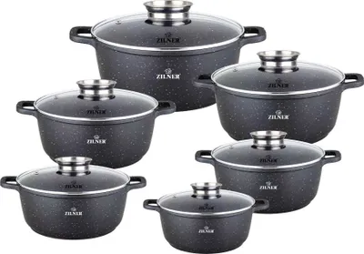 Produktbild von 12-Tlg Marmor Töpfset Mit Glasdeckel Kochtopf-Set Marmorbeschichtung