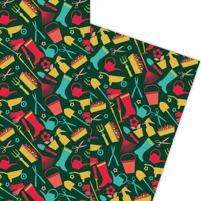 Produktbild von Modernes Gärtner Geschenkpapier mit Garten Utensilien auf grün - G5886, 32 x 48cm