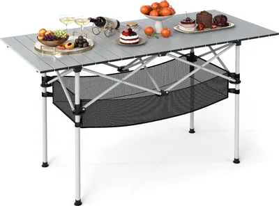 Produktbild von COSTWAY Campingtisch klappbar, Klapptisch mit aufrollbarer Alu-Tischplatte, Netzkorb & Tragetasche, Falttisch bis 100 kg, 119x55x69cm Silber