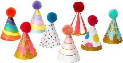 Productafbeelding van Feesthoeden - Set van 8 - Pompon en glitterdetails - Eenheidsmaat - Diameter 4,2 cm