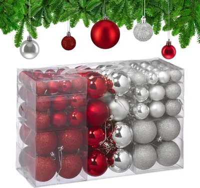 Obrázok produktu pre Relaxdays Vianočné gule, sada 100 ks, vianočná výzdoba, matné, lesklé, trblietavé, vianočné gule ∅3, 4 a 6 cm, strieborné/červené