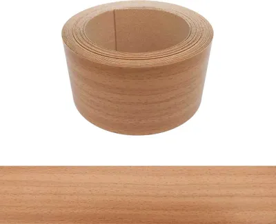 A roll of wood veneer edge banding with a wood grain pattern is shown against a white background. Below it, a close-up of the wood grain pattern is displayed.