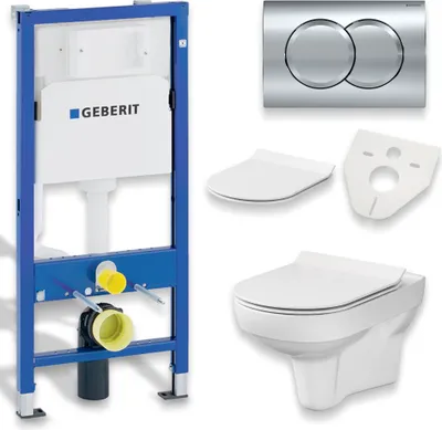 Produktbild von BADLAND WC Set: Geberit Duofix Basic UP 100 Vorwandelement inkl. Wand-WC City CleanOn Weiß, Betätigungsplatte Delta01 Chrom, Slim WC-Sitz mit Soft-close und Schallschutzmatte
