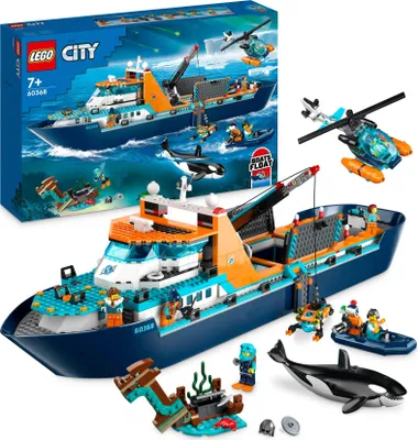 Produktbild von LEGO 60368 City Arktis-Forschungsschiff, großes schwimmfähiges Spielzeug-Boot mit Hubschrauber, Beiboot, ROV-U-Boot, Wikingerschiffswrack, 7 Minifiguren & Orca-Figur, Geschenk für Kinder ab 7 Jahren