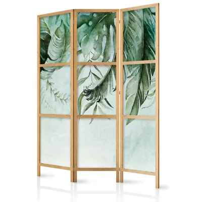 Produktbild von Paravent 135x171 cm 3-teilig einseitig eleganter Sichtschutz Raumteiler Trennwand Raumtrenner Holz Design Motiv Deko Home Office grüne Blätter Botanik b-C-0782-bh-b