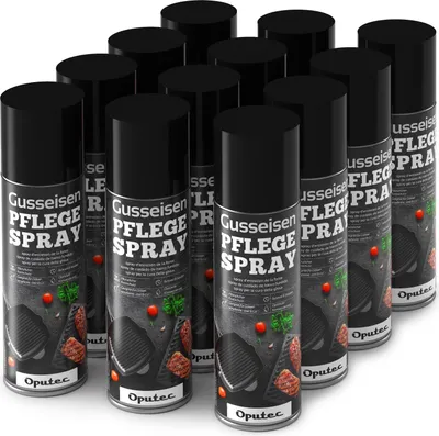 Produktbild von Oputec 12 x 500ml Gusseisen-Pflegespray - Ideales Grillzubehör zum Schutz & der Pflege von Gussrosten, Pfannen, Töpfen, Dutch Oven, Grillrosten, Brätern aus Gusseisen - Cast Iron Antihaft-Schutzspray