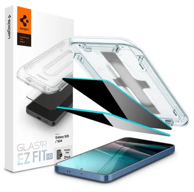 Obrázek produktu pro Spigen GLAS.tR EZ Fit HD Privacy, Samsung, Galaxy S25 (2025), Galaxy S24 (2024), Prachuodolný, Odolné proti poškrábání, Černá, 2 kusů